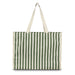 Keepsake Beach Tote Bag - A green and white striped tote bag with sturdy handles and a plain design, featuring a logo on the side.