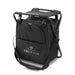 Vermont Cooler Seat - A black cooler seat with a sturdy frame, featuring a zippered compartment and an exterior pocket, has a logo on it.