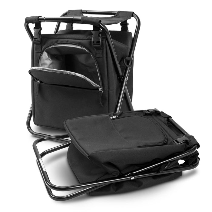 Vermont Cooler Seat - A black cooler seat with a folding metal frame and front pocket, featuring a sleek design for easy transport.