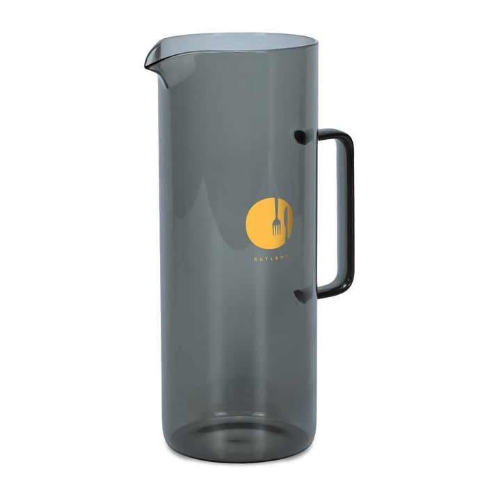 Keepsake Arlo Carafe - A drink bottle with a transparent grey body and a black handle, featuring a simple logo.