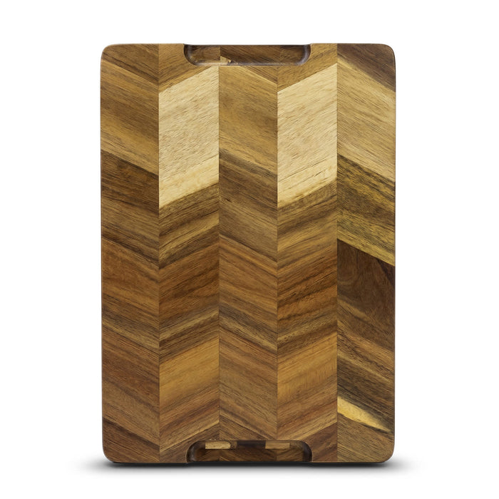 Keepsake Chopping Board - A wooden chopping board featuring a chevron pattern in various shades of brown. It has a logo on the surface.