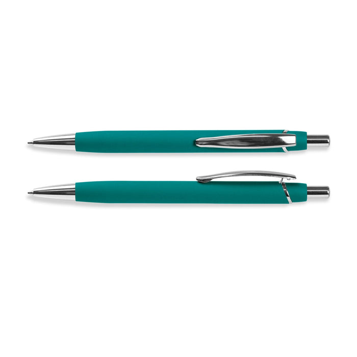 Centurion Soft-Touch Pen - A teal soft-touch pen with a chrome clip and accents, featuring a sleek design.