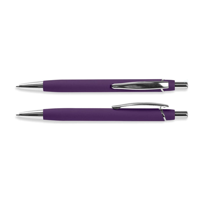 Centurion Soft-Touch Pen - A purple soft-touch pen with a sleek chrome clip and tip, featuring a smooth grip and modern design.
