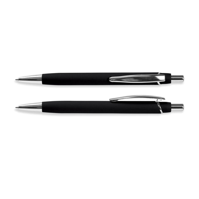 Centurion Soft-Touch Pen - A black soft-touch pen with chrome accents and a clip, featuring a sleek and modern design.