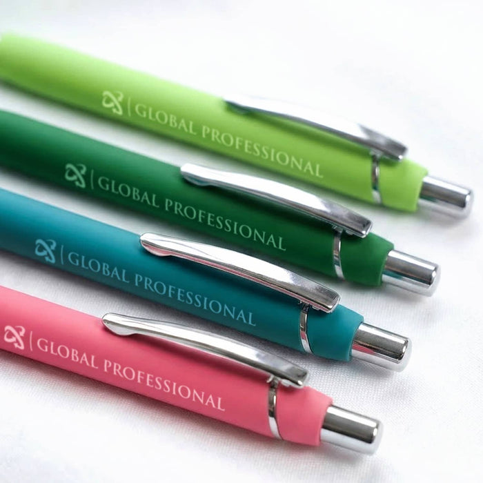 Centurion Soft-Touch Pen - A set of four soft-touch pens in green, teal, dark green, and pink, each with a silver clip and branding.