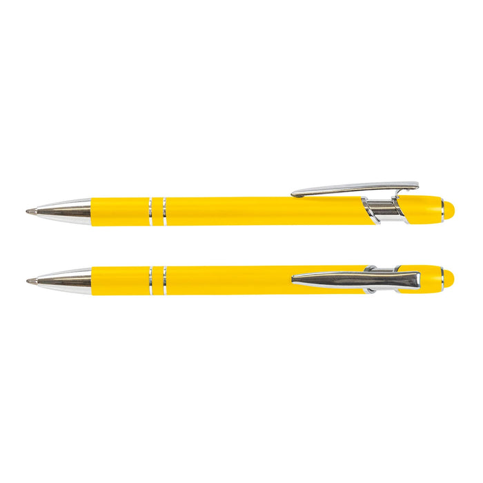 Prime Stylus Pen - A yellow stylus pen with chrome accents, featuring a sleek design and a flat top. It has a brand logo.
