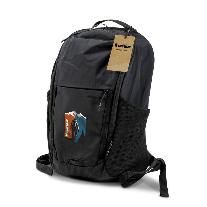 Frontier Trail Daypack - A black daypack featuring a mountain-themed design, with mesh side pockets and a logo.