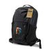 Frontier Trail Daypack - A black daypack featuring a mountain-themed design, with mesh side pockets and a logo.