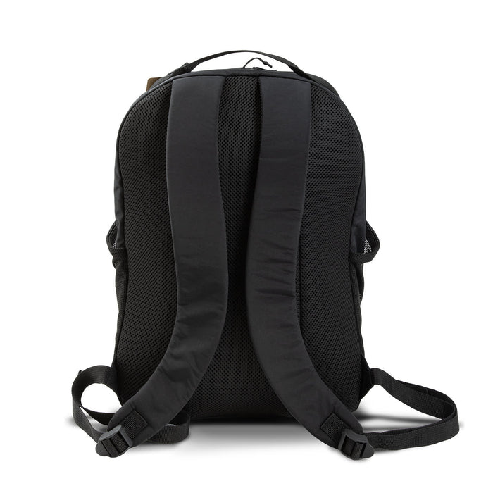 Frontier Trail Daypack - A black daypack with padded shoulder straps and a mesh back for ventilation, featuring a logo on the exterior.