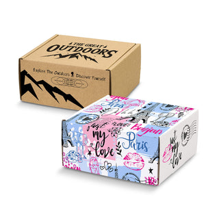 Die Cut Box with Locking Lid - 130x130x65mm - Two die cut boxes with locking lids, one in a brown kraft finish and the other featuring colourful graphic designs.