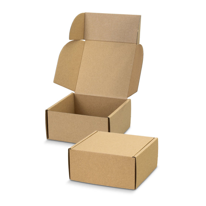 Die Cut Box with Locking Lid - 130x130x65mm - A die cut box with a locking lid, featuring a brown kraft finish, partially open with another closed box beside it.