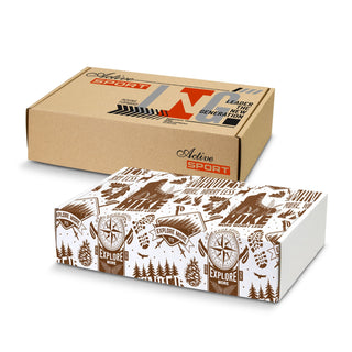 Die Cut Box with Locking Lid - 300x225x75mm - A die cut box with a locking lid, featuring a brown and white design with outdoor elements, includes a logo.