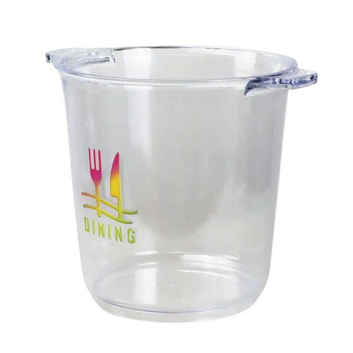Alpine Ice Bucket - A clear plastic ice bucket with a handle, featuring a logo with cutlery and the word "DINING."