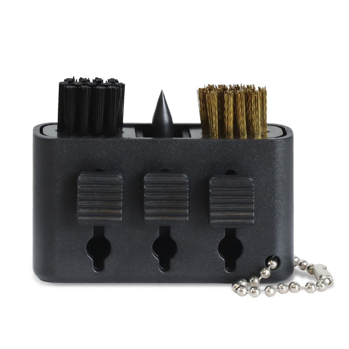 Caddie Golf Club Cleaning Tool - A black golf club cleaning tool featuring two different brush types and a spike, with a keychain attachment.