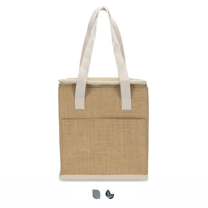 Sabian Lunch Cooler Bag - A tan cooler bag with white handles and a zip top, featuring a front pocket and a logo.
