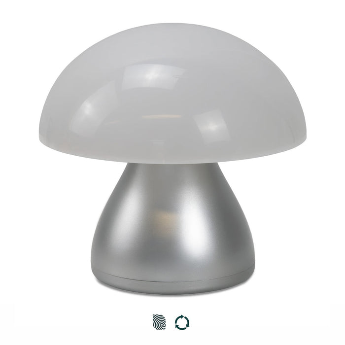Portobello Table Lamp - A Portobello Table Lamp featuring a frosted white dome and a silver base, with a modern, mushroom-like design.