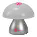 Portobello Table Lamp - A Portobello table lamp with a frosted white mushroom-shaped shade and a silver base, featuring a logo.
