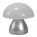 Portobello Table Lamp - A stylish table lamp with a frosted white mushroom-shaped shade and a silver base.