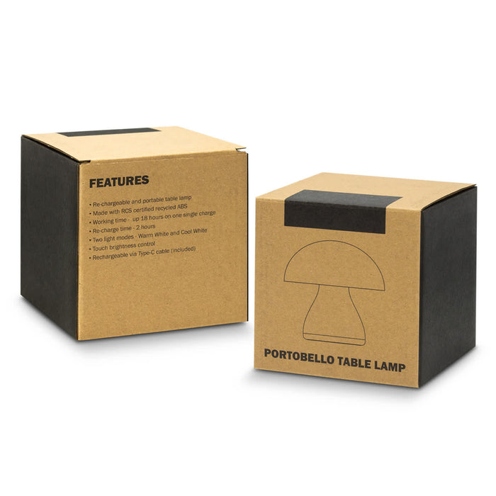 Portobello Table Lamp - A brown cardboard box featuring the Portobello Table Lamp design and descriptions of its features.