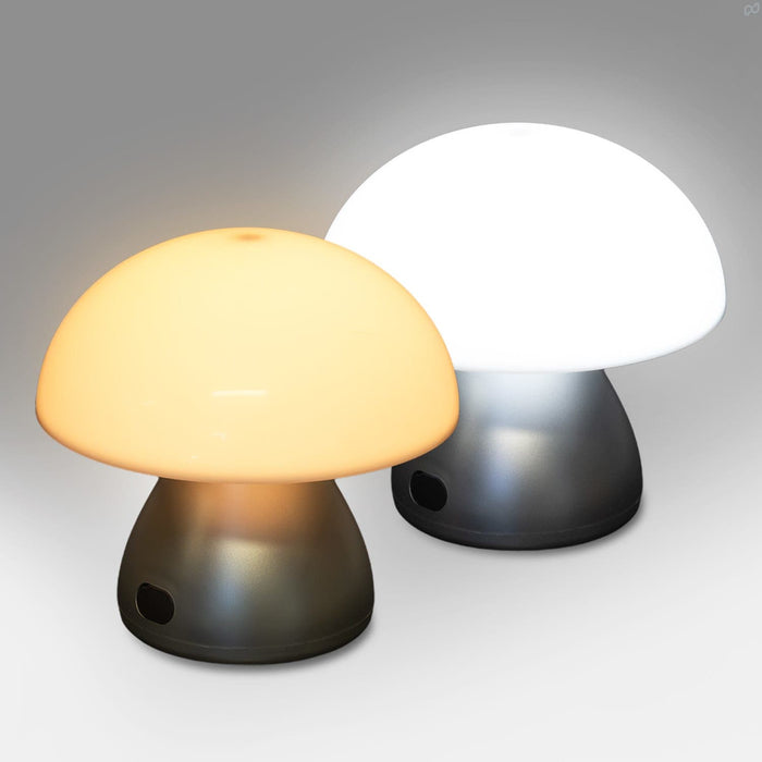 Portobello Table Lamp - A Portobello table lamp with a mushroom shape, featuring a white shade and an orange shade, set against a grey background.