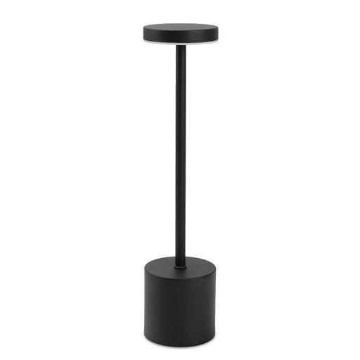 Nouveau Rechargeable Table Lamp - A black rechargeable table lamp with a cylindrical base and a flat, circular top. It features a simple, modern design.