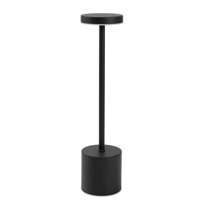 Nouveau Rechargeable Table Lamp - A black rechargeable table lamp with a cylindrical base and a flat, circular top. It features a simple, modern design.