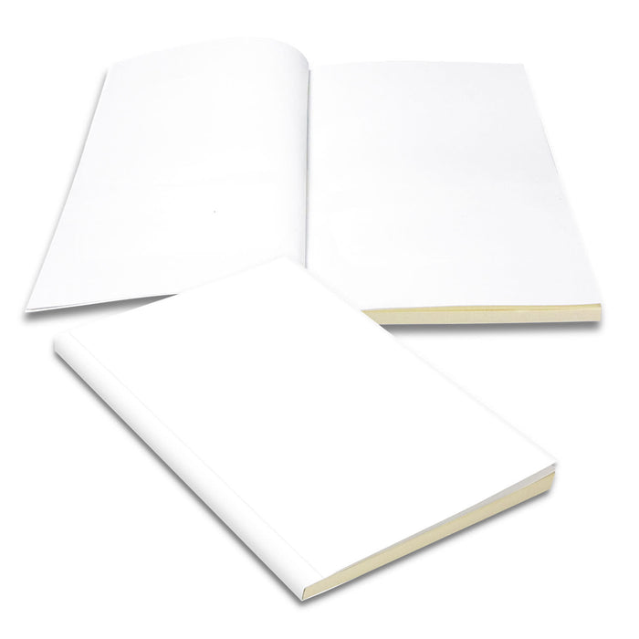 Verse Notebook - A white notebook with blank pages, featuring a smooth cover and a subtle spine. It has a branding logo.