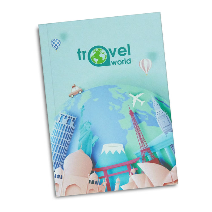 Verse Notebook - A notebook featuring a light blue cover with a globe design, landmarks, and a logo. It has a travel theme.