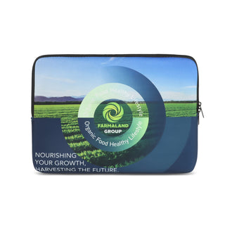 Full Colour Laptop Sleeve - Small - A small laptop sleeve featuring a vibrant landscape design in green and blue, with a logo on the front.