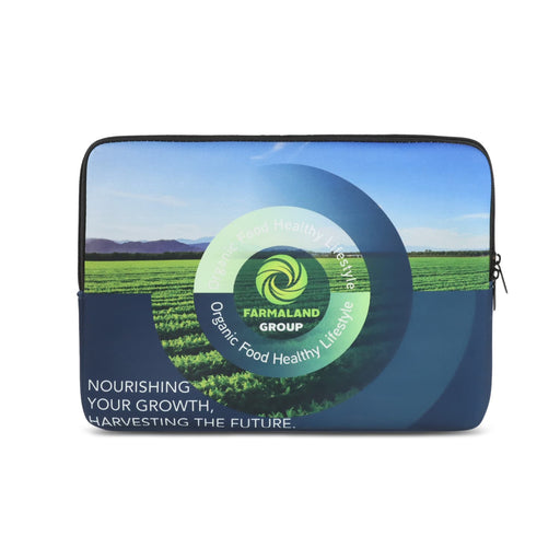 Full Colour Laptop Sleeve - Small - A small laptop sleeve featuring a vibrant landscape design in green and blue, with a logo on the front.