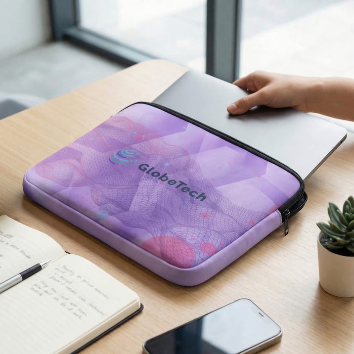 Full Colour Laptop Sleeve - Large - A large purple laptop sleeve with a logo, resting on a table beside a notebook and a plant.