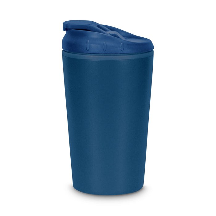 Corsica Coffee Cup - A coffee cup in a deep blue shade with a secure lid and a smooth surface, featuring a logo.