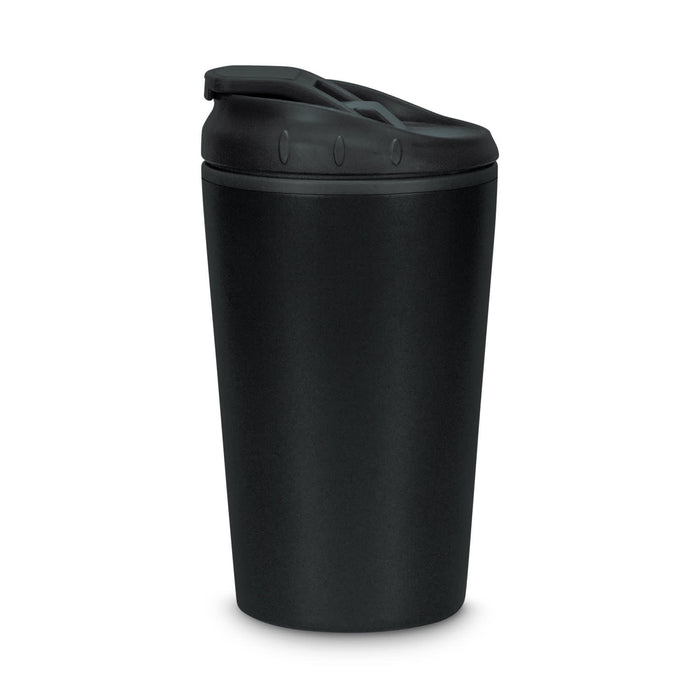 Corsica Coffee Cup - A black coffee cup with a lid and a sleek design, featuring a logo on the side.
