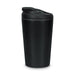Corsica Coffee Cup - A black coffee cup with a lid and a sleek design, featuring a logo on the side.