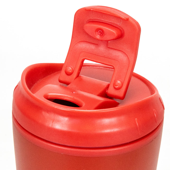 Corsica Coffee Cup - A red coffee cup with a flip-top lid, featuring a tab for easy opening and a logo.