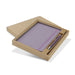 Omega Fashion Notebook and Pen Gift Set - A purple notebook and pen set packaged in a brown box, featuring a simple design and a logo.