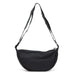 Selene Moon Bag - A black shoulder bag with a curved shape and two adjustable straps, featuring a logo on the front.