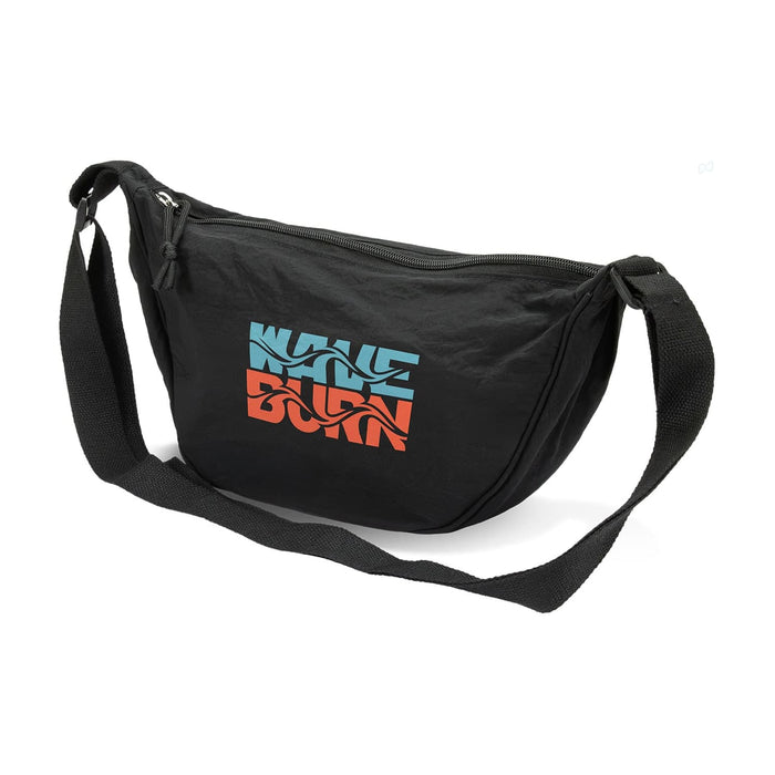 Selene Moon Bag - A black shoulder bag featuring a colourful abstract design and a diagonal strap. It includes a logo on the front.