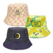 Sonny Custom Bucket Hat with Embroidery Patch - A collection of three bucket hats in pastel pink, bright yellow with patterns, and dark navy with celestial design, each featuring an embroidery patch.