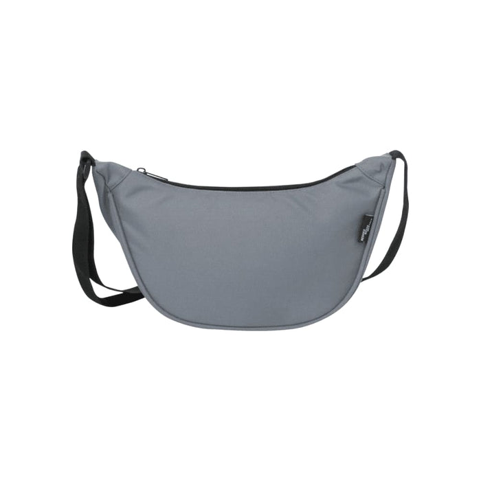 Byron Recycled Waist Bag 1.5L - A grey waist bag with a black zipper and strap, featuring a logo on the side. It has a rounded design for storage.