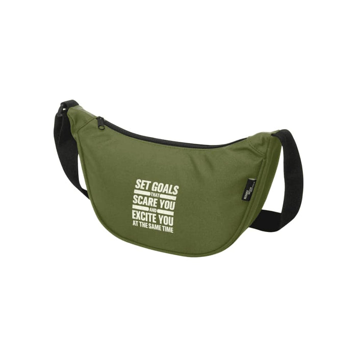 Byron Recycled Waist Bag 1.5L - An olive green waist bag with a shoulder strap and a logo, featuring a motivational text design.
