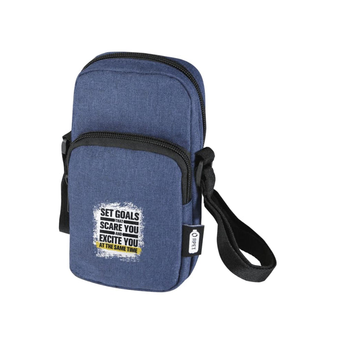 Ross GRS Recycled Phone Pouch - A blue recycled phone pouch with a zippered compartment and an adjustable strap, featuring a logo.