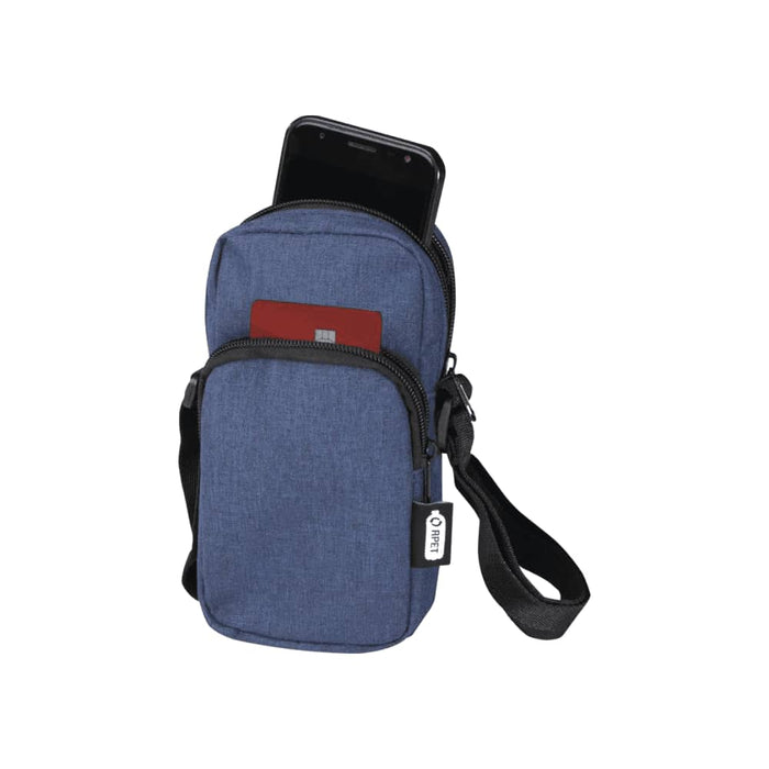Ross GRS Recycled Phone Pouch - A blue recycled phone pouch with a phone and card visible, featuring a strap and a branded tag.