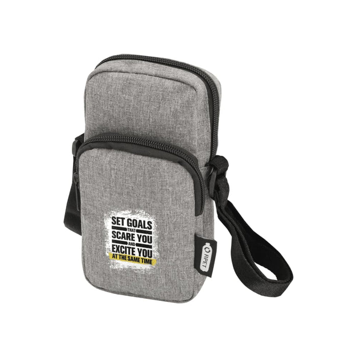 Ross GRS Recycled Phone Pouch - A grey, textured recycled phone pouch with a strap and a zippered compartment, featuring a logo and motivational text.