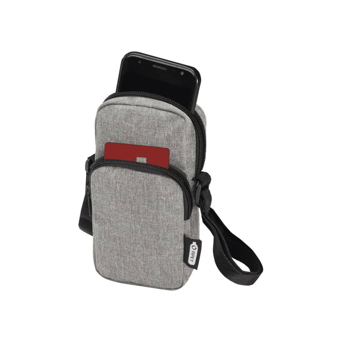 Ross GRS Recycled Phone Pouch - A grey recycled phone pouch with a zippered design, holding a phone and featuring a card slot.
