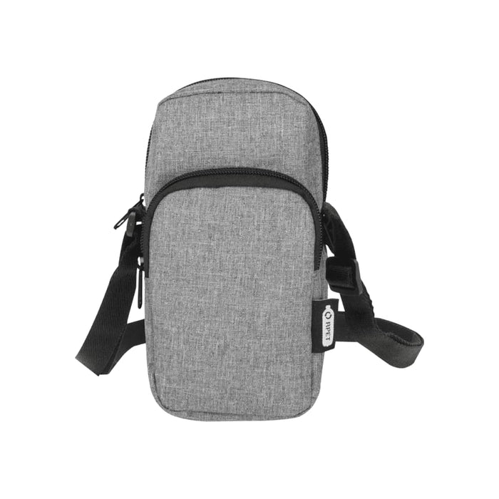 Ross GRS Recycled Phone Pouch - A grey pouch with a zippered closure and an adjustable strap, featuring a branding logo.