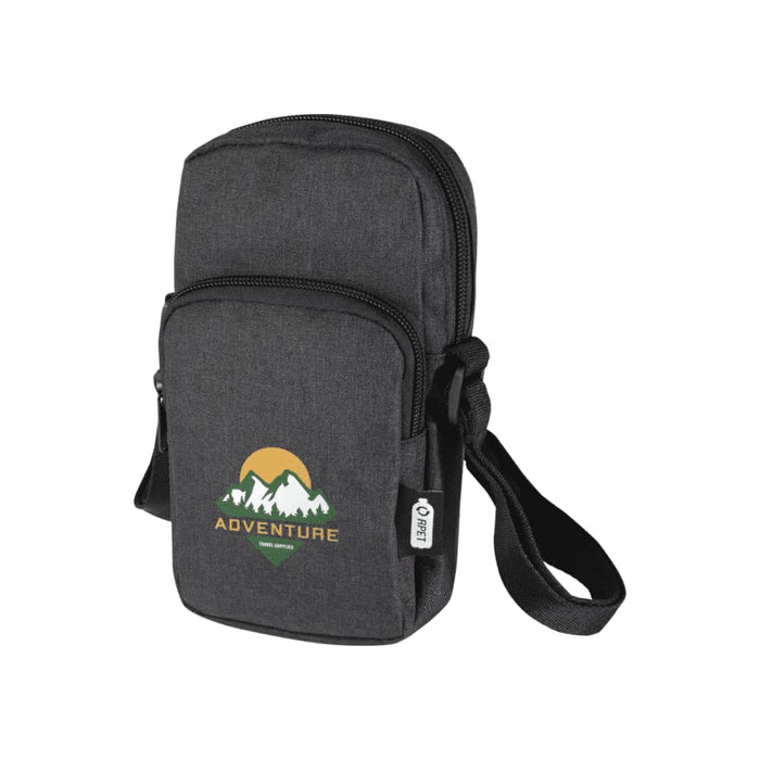 Ross GRS Recycled Phone Pouch - A grey recycled phone pouch with a zip closure, featuring a logo and an adjustable strap.