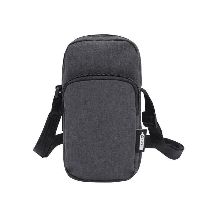 Ross GRS Recycled Phone Pouch - A grey recycled phone pouch with a zippered front pocket and an adjustable strap. Features a logo.