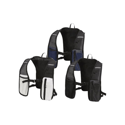 Varyon GRS Recycled Running Vest Hydration Pack 5L - A hydration pack featuring a mesh design, available in black, navy, and white colours, with multiple pockets and straps.