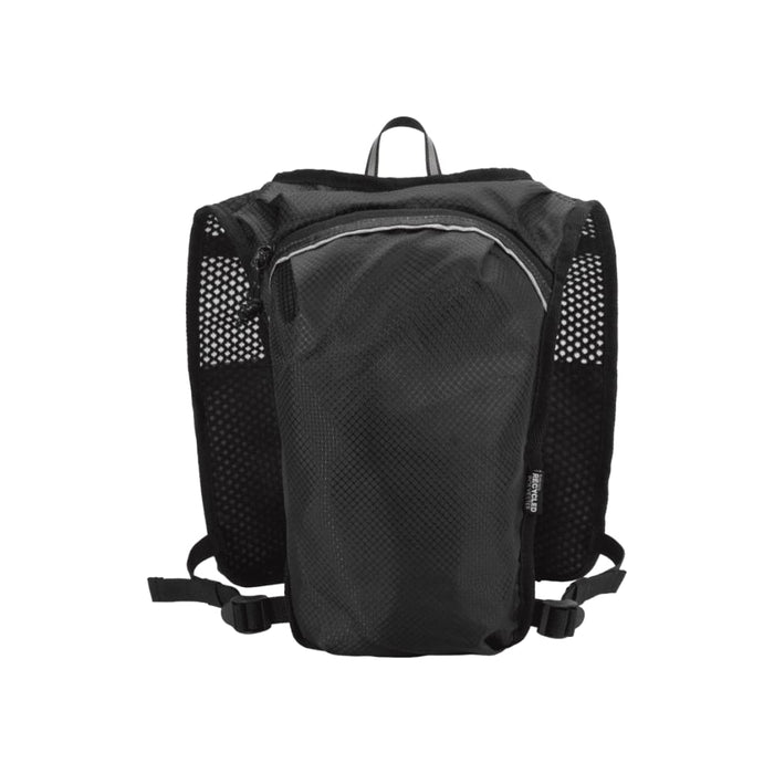 Varyon GRS Recycled Running Vest Hydration Pack 5L - A black running vest hydration pack with mesh panels and a front zip pocket. It features adjustable straps and a logo.
